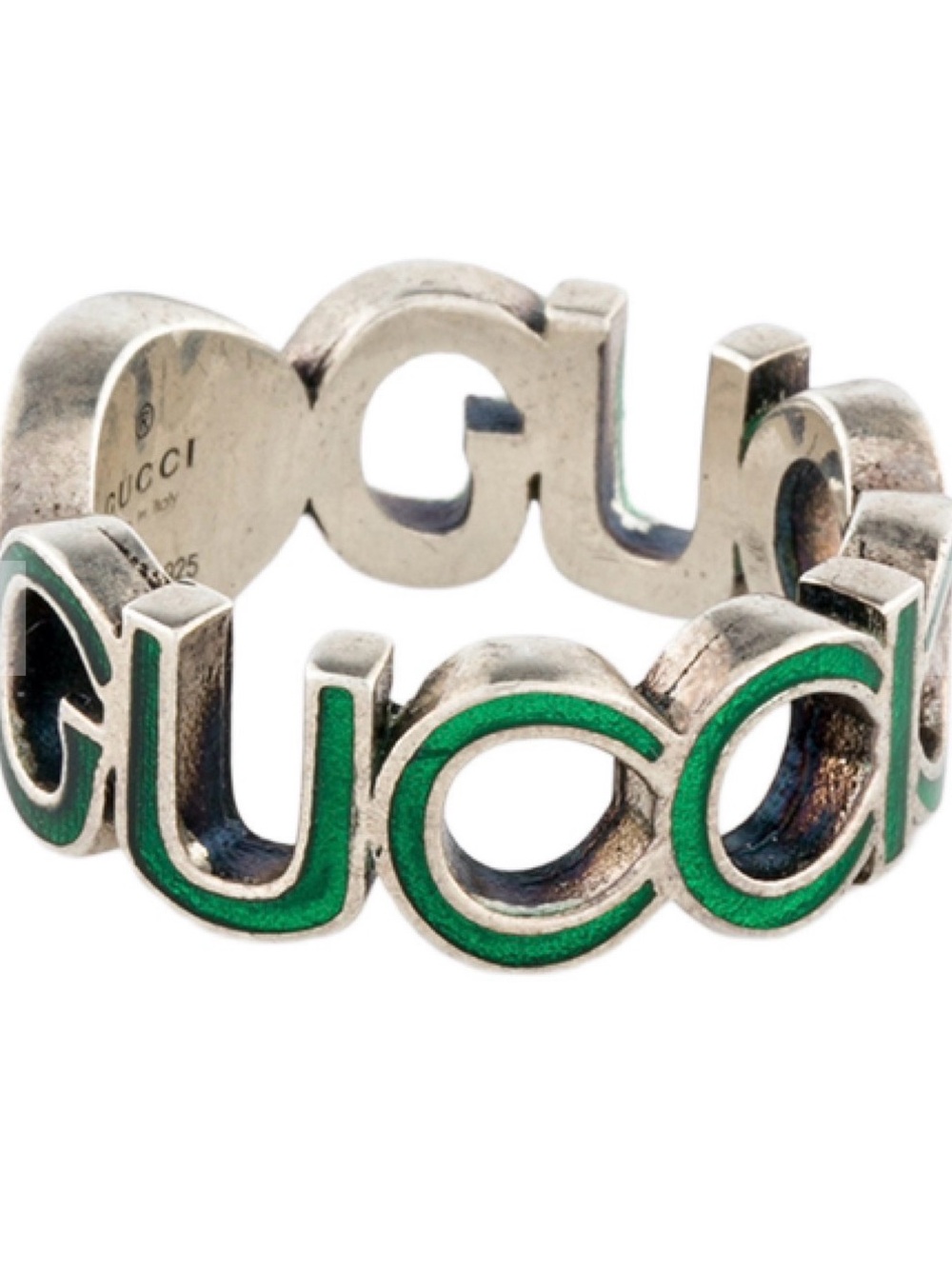 NWT Gucci Silver Ring with Green Enamel Interlocking G Motif US 6 - Picture 2 of 5